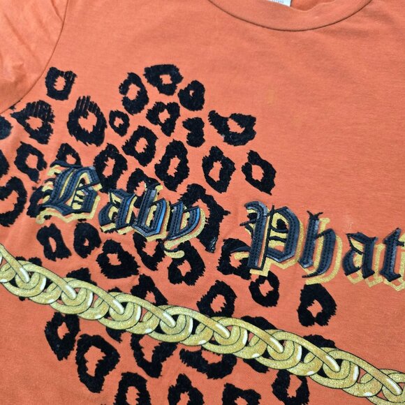 Baby phat 90s y2k Orange Graphic Tee Shirt With Leopard Print & Chain Detail L - Picture 3 of 6